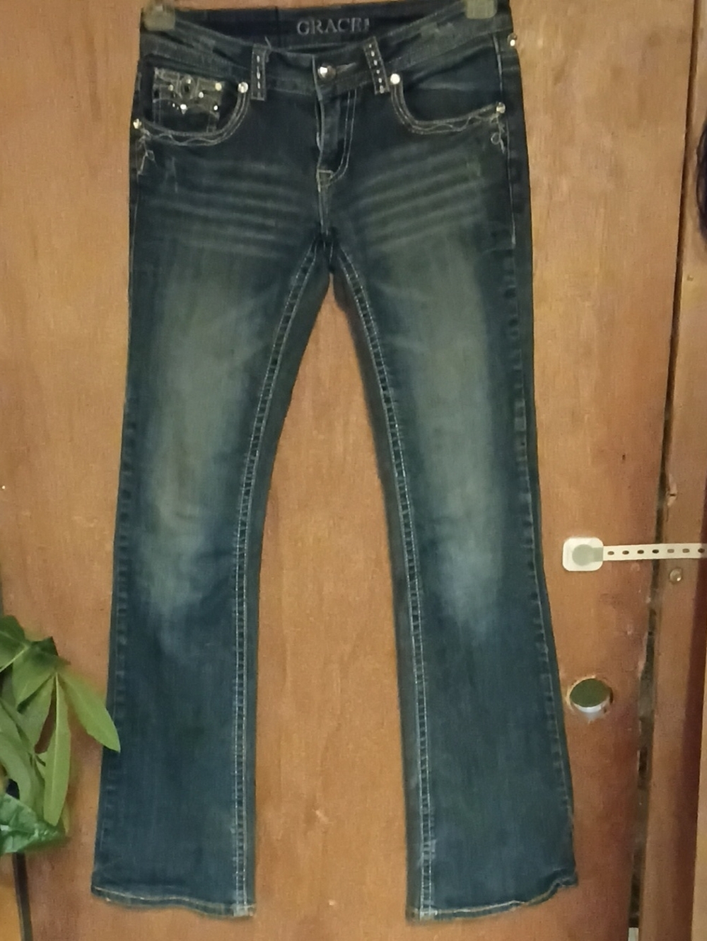 Grace Dark Blue Flare Jeans with Embellished Pockets